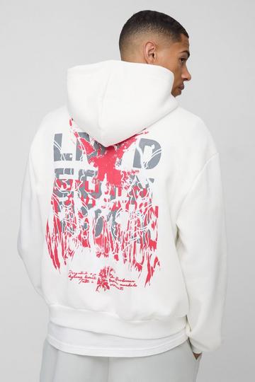 Ecru White Oversized Boxy Large Scale Gothic Print Zip Through Hoodie