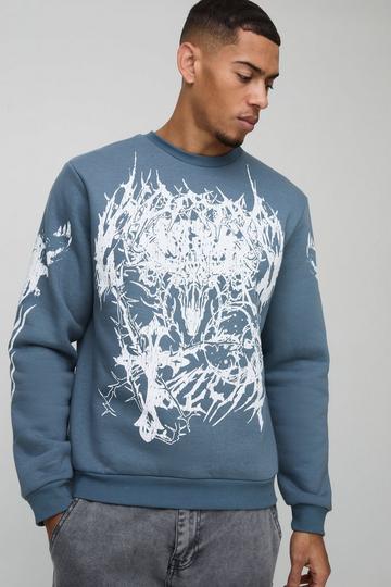 Blue Crew Neck Large Scale Gothic Sweatshirt