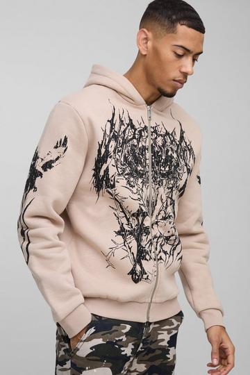 Large Scale Gothic Print Zip Through Hoodie taupe