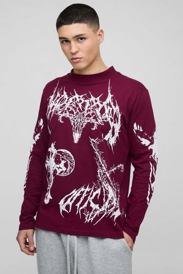 Burgundy Red Regular Fit Extended Neck Long Sleeve Large Scale Gothic Print T-shirt