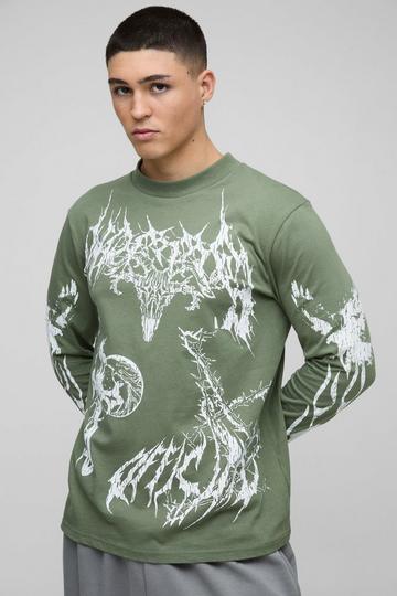 Regular Fit Extended Neck Long Sleeve Large Scale Gothic Print T-shirt khaki