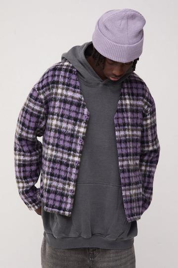 Purple Oversized Collarless Brushed Check Overshirt