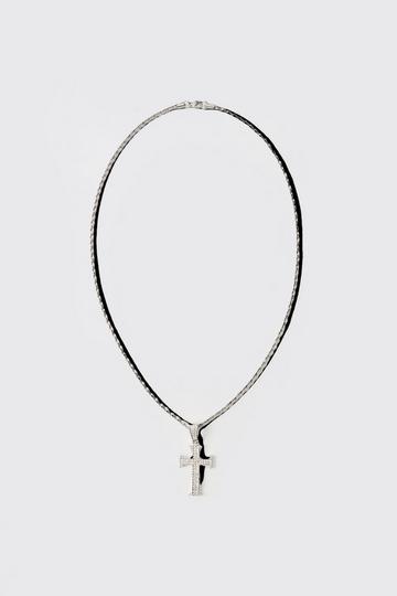 Zilveren Touwen Iced Out Schakel Ketting Met Kruis silver