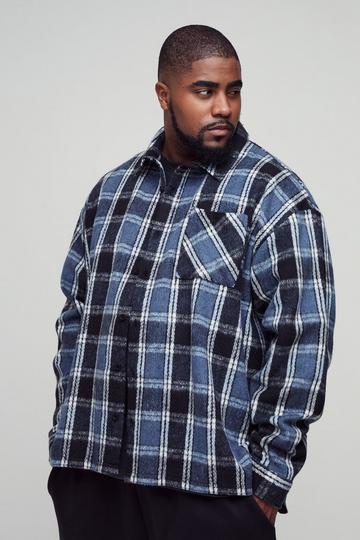 Plus Boxy Split Hem Brushed Check Overshirt blue