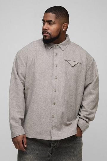 Plus Brushed Herringbone Pocket Detail Overshirt stone