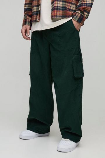 Elasticated Waist Baggy Acid Wash Corduroy Cargo Trouser dark green