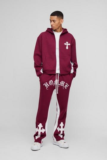 Burgundy Red Oversized Boxy Gothic Homme Cross Zip Through Tracksuit