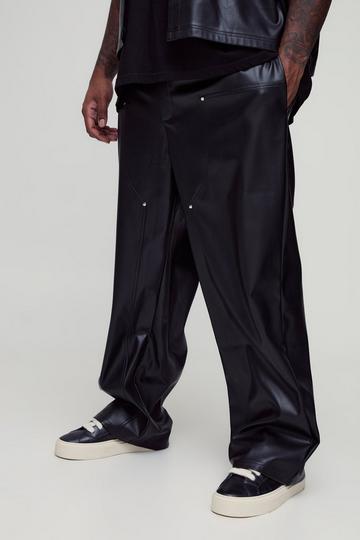 Plus Relaxed Fit Fixed Waistband PU Worker Panel Trousers black