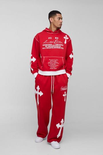 Oversized Boxy Limited Edition Cross Applique Hooded Tracksuit red