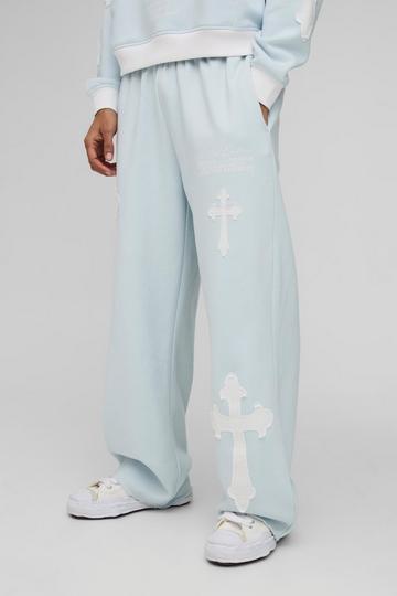 Wide Leg Limited Edition Cross Applique Joggers light blue