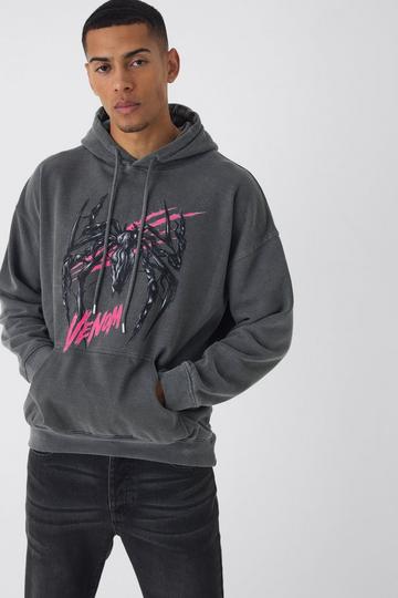 Charcoal Grey Oversized Marvel Venom Wash License Hoodie