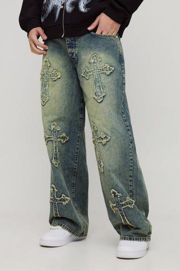 Baggy Rigid Cross Applique Denim Jeans green