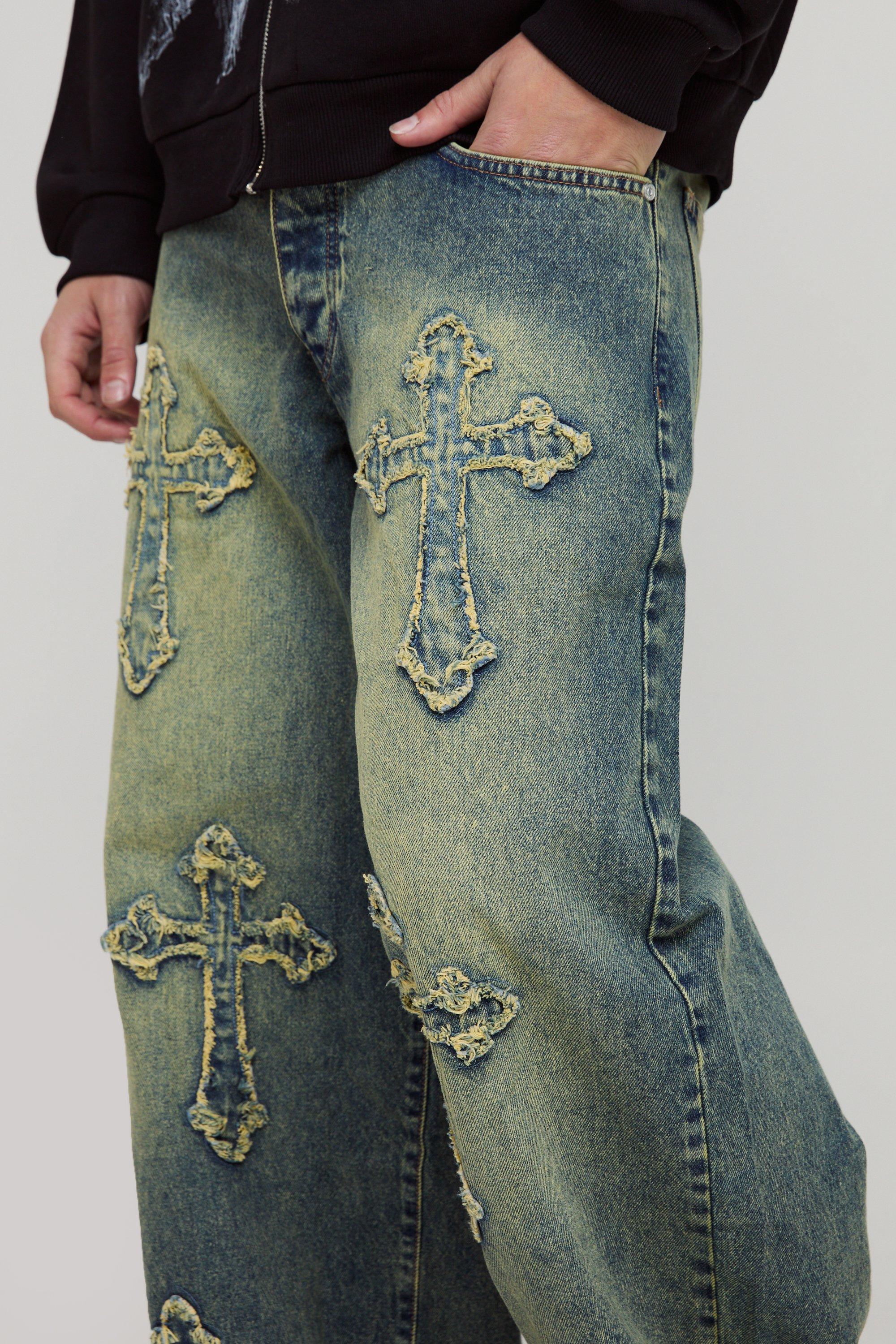 Baggy Rigid Cross Applique Denim Jeans | boohoo USA Baggy Rigid Cross Applique Denim Jeans | boohoo USA