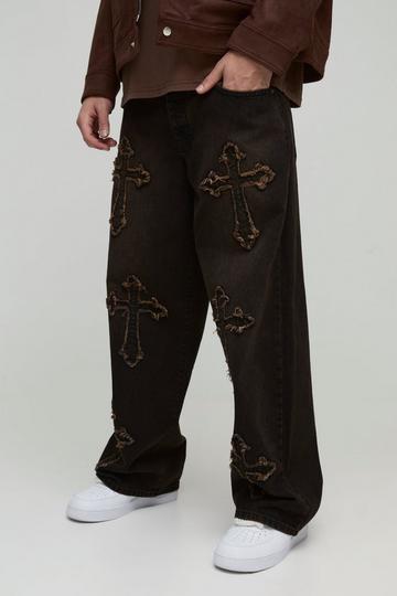 Baggy Rigid Cross Applique Denim Jeans brown