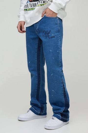 Onbewerkte Flared Slim Fit Geborduurde Jeans Met Verfspetters En Gusset light blue