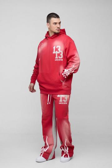 Red Tall Oversized 13 Washed Flame Print Tracksuit