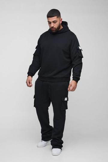 Black Plus Super Stacked Woven Tab Cargo Hooded Tracksuit