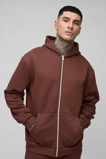 Chocolate Brown Tall Oversized Official Varsity Embossed Zip Through Hoodie