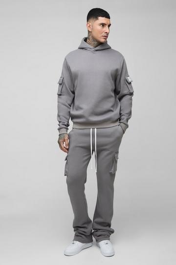 Tall Super Stacked Woven Tab Cargo Hooded Tracksuit charcoal