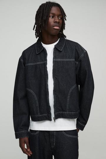 Boxy Contrast Stitch Denim Jacket black