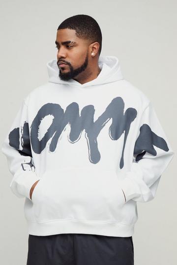 White Plus Oversized Boxy Homme Graffiti Print Hoodie