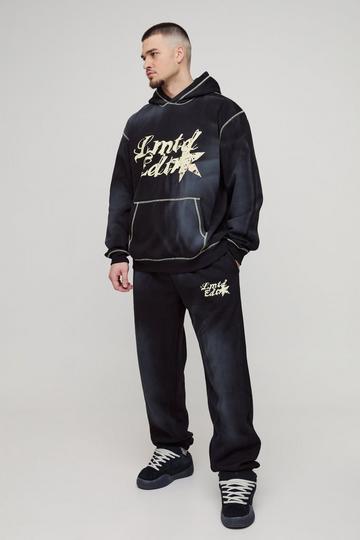 Tall Oversized Contrast Stitch Lmted Spray Wash Hooded Tracksuit black