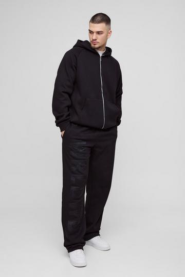 Black Tall Oversized Satin Applique WRLDWD Hooded Relaxed Jogger Tracksuit