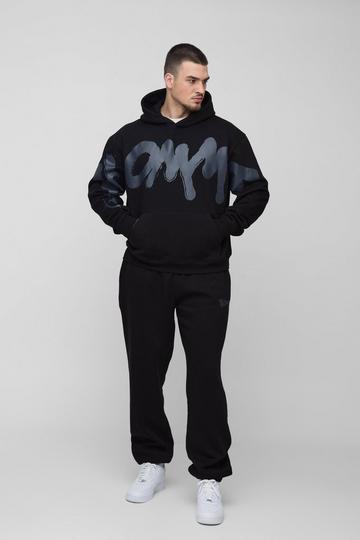 Tall Oversized Boxy Homme Graffiti Print Hooded Tracksuit black