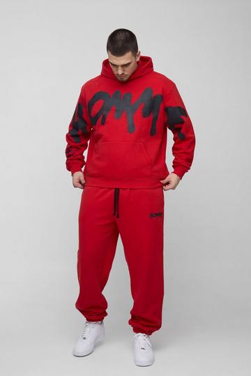 Red Tall Oversized Boxy Homme Graffiti Print Hooded Tracksuit