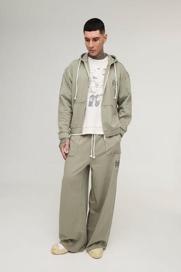 Tall Oversized Boxy Zip Thru Seam Detail Hooded Tracksuit stone