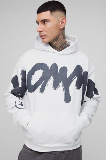 White Tall Oversized Boxy Homme Graffiti Print Hoodie