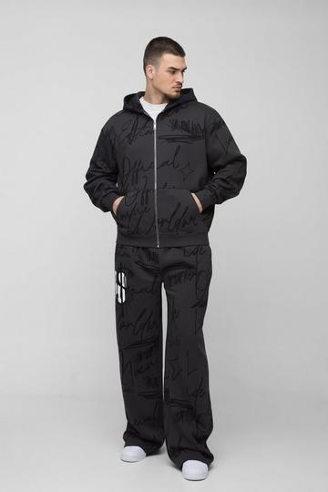 Tall Oversized Boxy Graffiti Hooded Wide Leg Tracksuit black