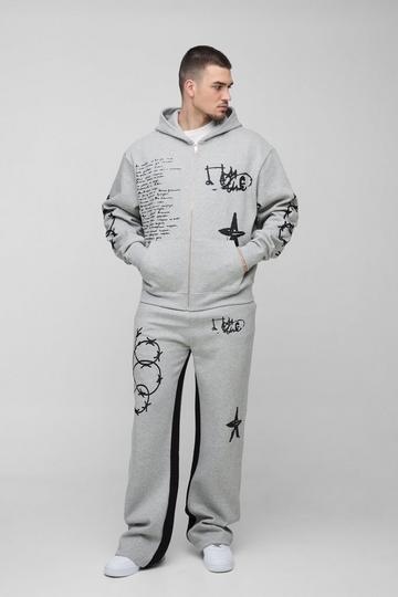 Tall Oversized Multi Placement Graffiti Zip Through Gusset Hooded Tracksuit grey