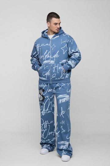 Tall Oversized Boxy Graffiti Hooded Wide Leg Tracksuit slate blue