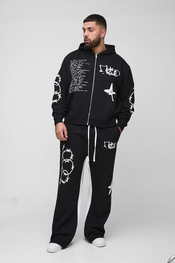 Plus Oversized Multi Placement Graffiti Zip Through Gusset Hooded Tracksuit black