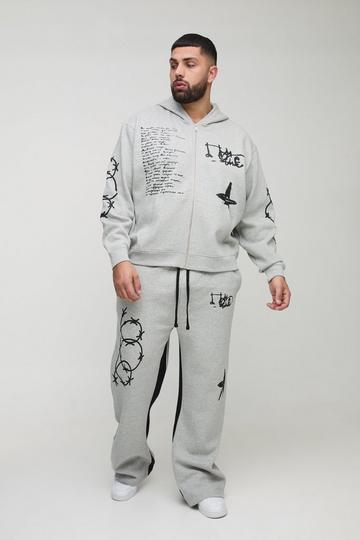 Plus Oversized Multi Placement Graffiti Zip Through Gusset Hooded Tracksuit grey