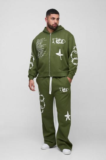 Plus Oversized Multi Placement Graffiti Zip Through Gusset Hooded Tracksuit khaki