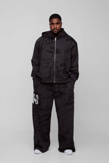 Plus Oversized Boxy Graffiti Hooded Wide Leg Tracksuit black