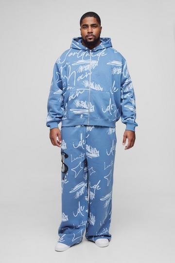 Plus Oversized Boxy Graffiti Hooded Tracksuit slate blue