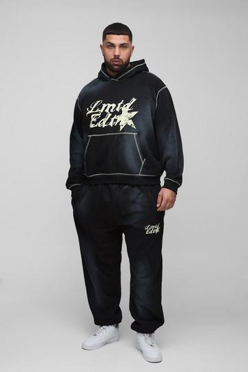 Plus Oversized Contrast Stitch Lmted Spray Wash Hooded Tracksuit black