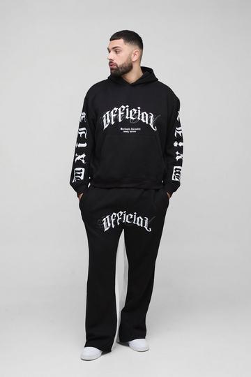 Plus Oversized Boxy Official Embroidery Hooded Relaxed Flare Tracksuit black