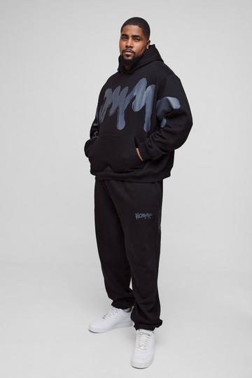 Plus Oversized Boxy Homme Graffiti Print Hooded Tracksuit black