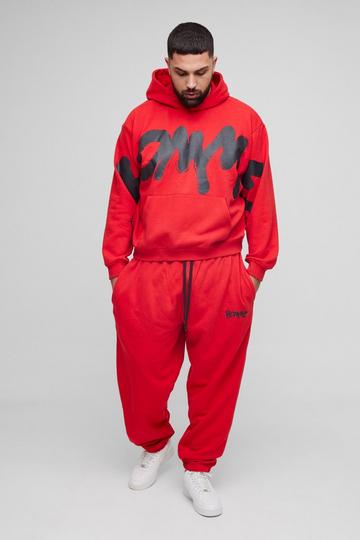 Plus Oversized Boxy Homme Graffiti Print Hooded Tracksuit red