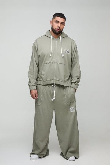 Stone Beige Plus Oversized Boxy Zip Thru Seam Detail Hooded Tracksuit