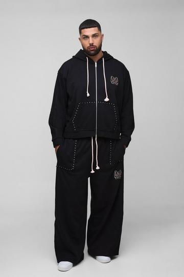 Plus Oversized Boxy Zip Thru Seam Detail Hooded Tracksuit black