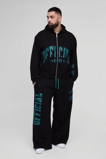 Plus Oversized Boxy Zip Thru Rhinestone Applique Hooded Tracksuit black