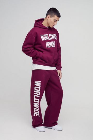 Oversized Boxy Worldwide Print Hooded Tracksuit burgundy