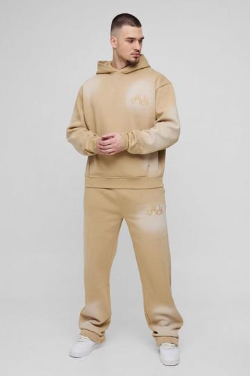 Tall Oversized Boxy Distressed Official Applique Spray Wash Hooded Tracksuit stone