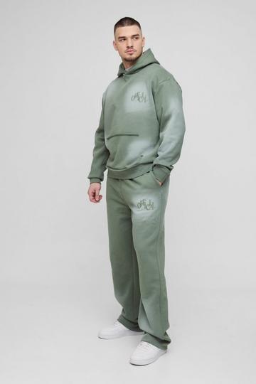 Green Tall Oversized Boxy Distressed Official Applique Spray Wash Hooded Tracksuit