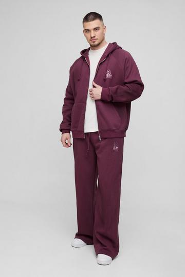 Tall Oversized Raglan Zip Thru Embroidered Spray Wash Hooded Tracksuit burgundy